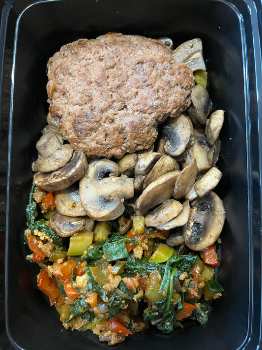 Lean Beef Breakfast Patty w/ Vegetable Hash & Sautéd Mushrooms